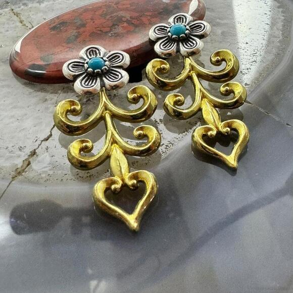 Carolyn Pollack Sterling & Brass w/Turquoise Floral Post Earrings For Women - Picture 3 of 10